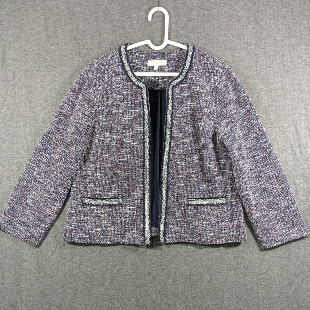 TalbotsNavy Blue Red Tweed Open Front Knit Blazer Jacket Size Large Petite